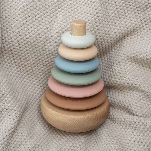 Silicone + Wood Rocking Ring Stacking Toy (Meadow)