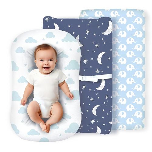 100% Organic Cotton Baby Lounger or Changing Pad Covers with Reenforced Safety Strap Holes. Fits Evolur, Munchkin, Delta, Snuggle Me and More. Multi-Use, 3 Pk of Covers Only.