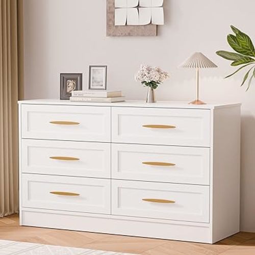 MU 6 Drawer Dresser for Bedroom, White/Black and Gold Nursery Dresser with Large Drawers & Metal Handles, Modern Wood Chest of Drawers for Living Room, Hallway, Entryway (White)