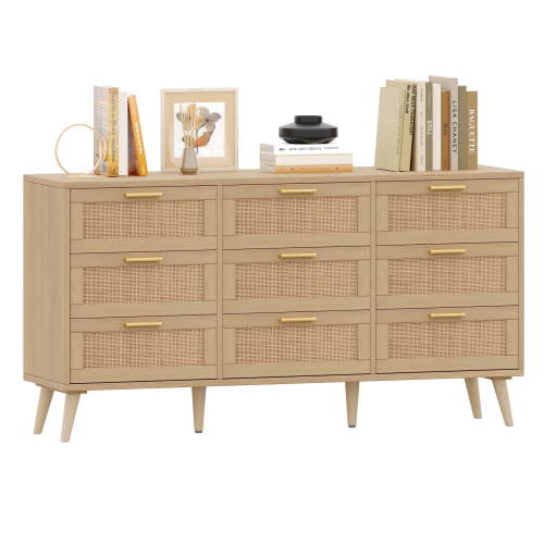 Rovaurx 9 Drawer Double Dresser for Bedroom, Rattan Chest of Dressers, Modern Wooden Dresser Chest with Golden Handles, Beside Table for Closet, Living Room and Entryway, Natural RDG002M