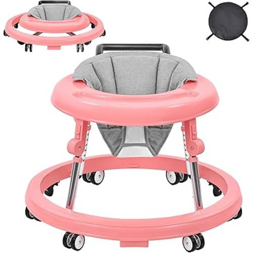 Baby Walker, Foldable 9-Gear Height Adjustable Baby Walker with Wheels, Infant Toddler Walker with Foot Pads, Anti-Fall Baby Walkers and Activity Center Bouncer Combo for Boys and Girls 6-24 Months