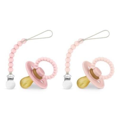 Bleu La La Luladream Pacifier + Clip Set - Natural Rubber Nipple - Soft Teething Handle - For Infants Baby's And Toddlers - Blush Pink + Rose Petal