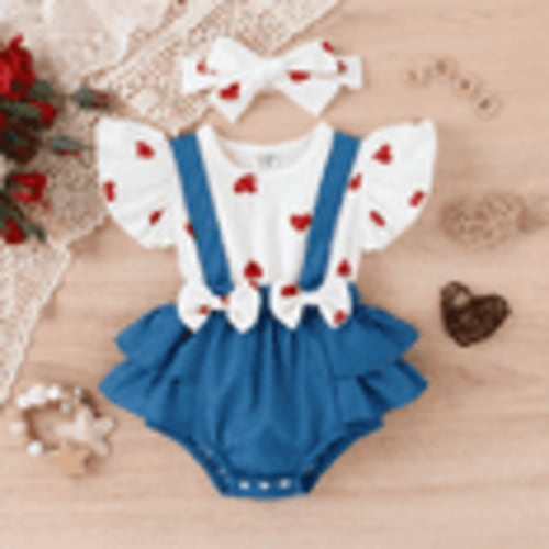 PatPat Baby Girl Clothes One-piece Heart Print Bodysuit with Headband Denim Suspender Style Ruffle Romper Outfit 9-12 Months