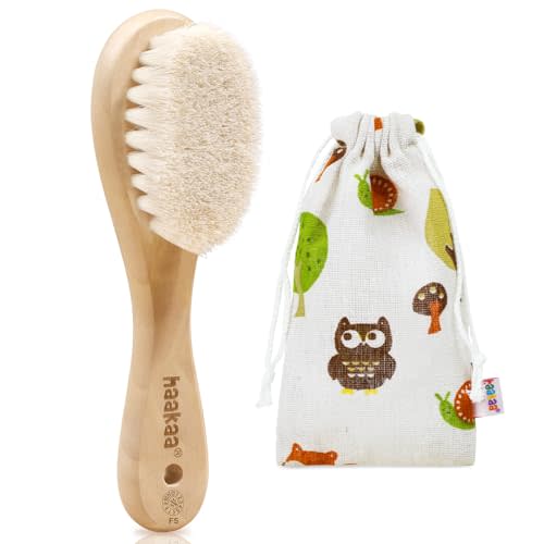 haakaa Wooden Baby Hair Brush for Newborns and Toddlers Baby Brush Natural Soft Goat Bristles Hairbrush, Ideal for Cradle Cap, Perfect Baby Registry Gift with Carry Pouch, 1PC