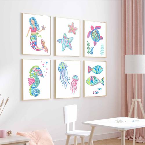 Mermaid Wall Art Prints, Girl Preppy Nursery Decor, Lily Mermaid Turtle Fish Painting Set