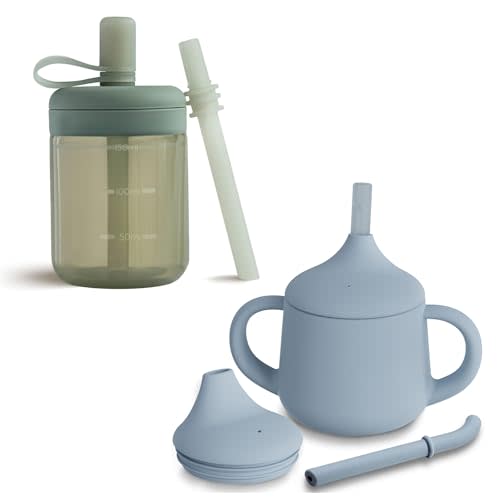 Moonkie Baby Straw Cup & Silicone Sippy Cup Set | 3-Stage Toddler Training Cup, BPA-Free, Drop-Proof, 5oz & 4oz Cups | Ideal for Baby Led Weaning, 6 Months+ | Spill-Proof, Food-Grade Silicone, 2-Pack