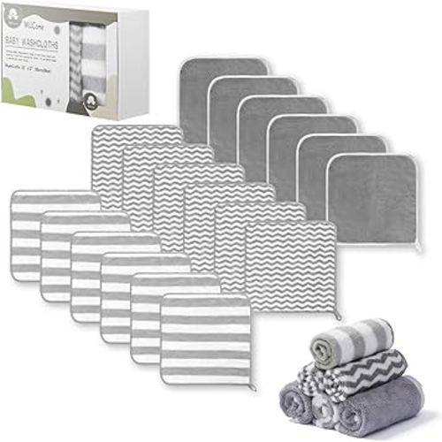 18-Pack Baby Washcloths Extra Absorbent and Soft,Comfortable Wash Cloths face Bath Towels for Washing Face and Body, 3 Patterns Disguised by Purposes,12"x12",Grey