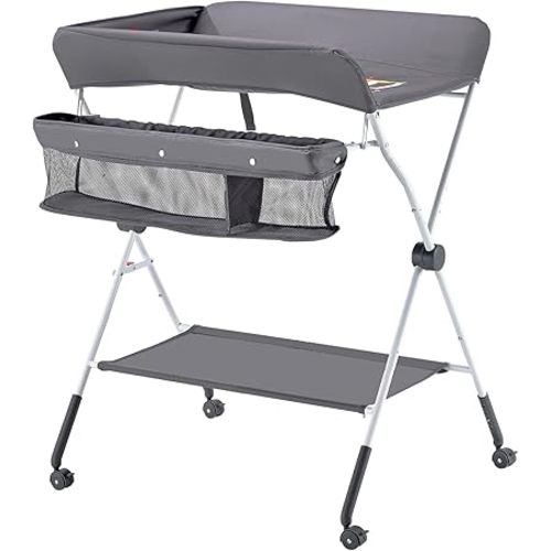 VEVOR Baby Changing Table, Foldable Diaper Change Station with Side Basket, Adjustable Height Changing Table with Lockable Wheels, Multi-Functional Nursery Storage Organizer, Dark Gray
