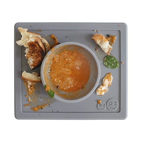 ezpz Happy Bowl (Gray) - 100% Silicone Suction Bowl with Built-in Placemat for Toddlers + Preschoolers - Dishwasher Safe