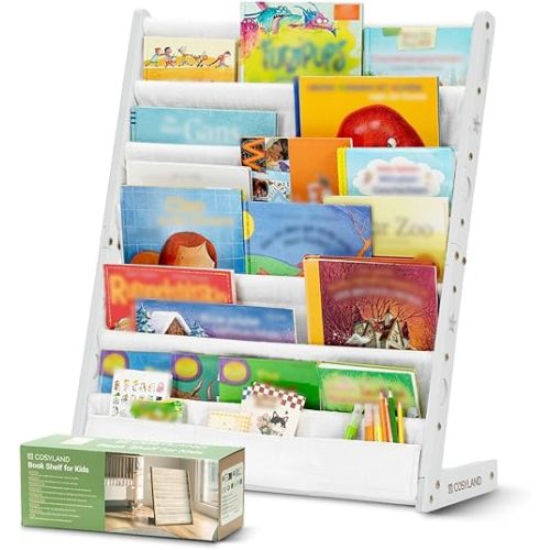 COSYLAND Kids Bookshelf Floor Standing – 7-Tier Wooden Book Display Rack with Deep Fabric Pockets for Toddler Reading Corner, Nursery & Playroom Organizer (White)
