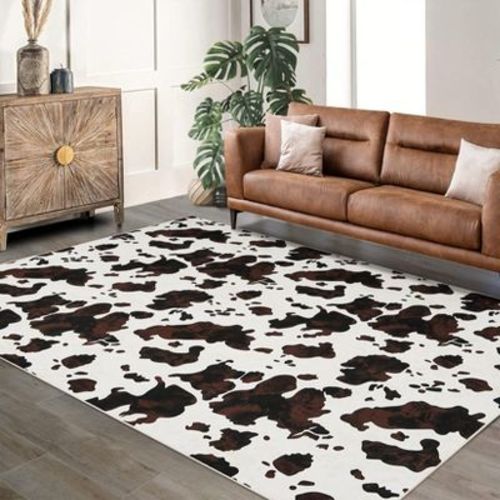 Cow Print Washable Rug, Non Slip Pebble Velvet Modern Area Rug, Machine Washable & Pet Friendly for Living Room