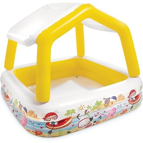 Intex 57470EP Sun Shade 5 Foot Square Inflatable Durable 10 Gauge Vinyl Kiddie Pool with Ocean Scene and Canopy for Ages 3 Years and Up, Multicolor