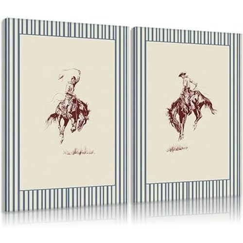 JBGGBJ 2Pcs Vintage Striped Cowboy Canvas Wall Art Rustic Country Western Wall Decor Pictures Blue Cowboy Rodeo Poster Retro Horse Painting Print Artwork for Living Room Bedroom Boys Room Decoration