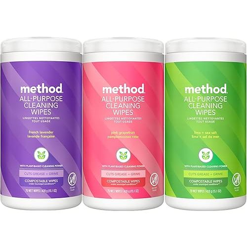 Method All-Purpose Cleaning Wipes, Compostable, Variety Pack - French Lavender, Pink Grapefruit, Lime + Sea Salt, 3 Containers of 70 Wet Wipes