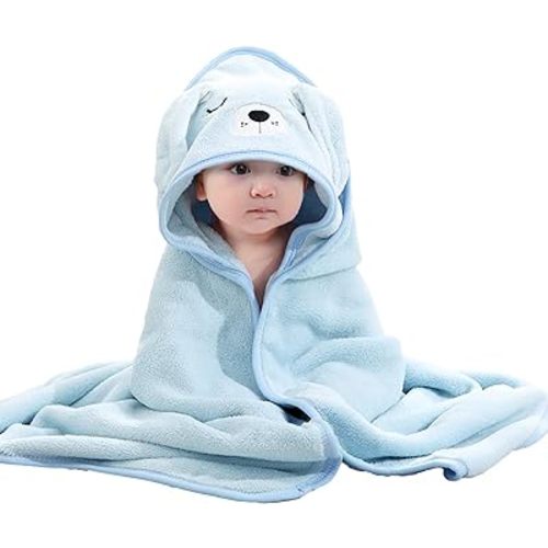 Yuehuamech Baby Hooded Towel Adorable Animal Design Bath Towel Wrap Coral Fleece Baby Bath Towel Bathrobe - Keeps Your Baby Warm & Cosy for Newborn Boys Girls - Blue Puppy