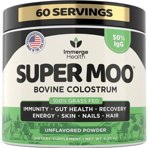 Super Moo Grass Fed Bovine Colostrum Powder | Gut Health, Muscle Recovery, Energy, Hair, Skin and Immune Supplement | 50% IgG Pure Bovine Colostrum for Humans | Superfood, Gluten Free, Unflavored.