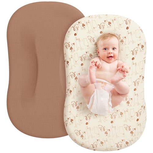 MEXXI Muslin Baby Lounger Cover, 2 Pack Infant Lounger Cover, Breathable and Soft Cotton Lounger Slipcover for Baby Girls and Boys (Cinnamon)
