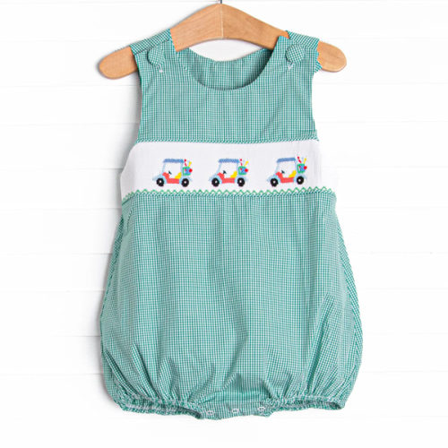 Gone Golfin' Smocked Bubble, Green Gingham – Stitchy Fish