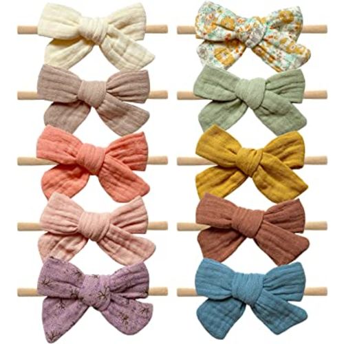 Cherssy Baby Muslin Headbands and Cotton Hair Bows, 10pcs Super Soft Hairbands for Newborn, Infants, Toddlers