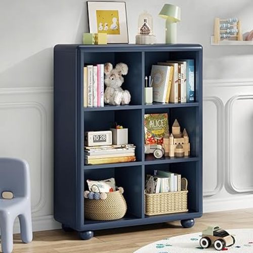 Kids Bookshelf, Large Wooden Bookcase with 6 Cube Storage, Girl Toy Storage Organizer Cabinet with Child Safe Paint&Thick Board, Boy Tall Book Shelves Nook for Office Playroom Living Room (Navy Blue)