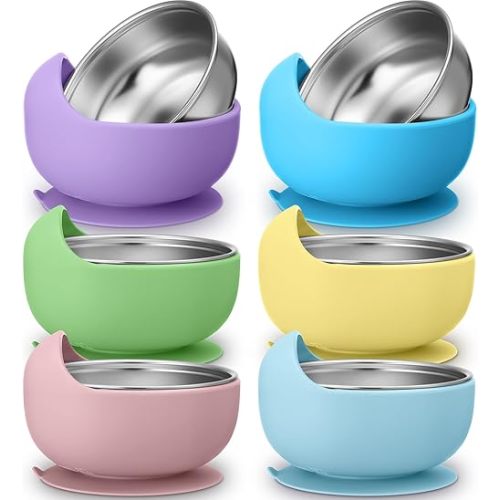 Nuogo 6 Pcs 304 Stainless Steel Baby Bowls with Removable Silicone Shell Toddler Bowls Kids Bowls Anti Scald Snack Container for Food Feeding, Dishwasher Safe