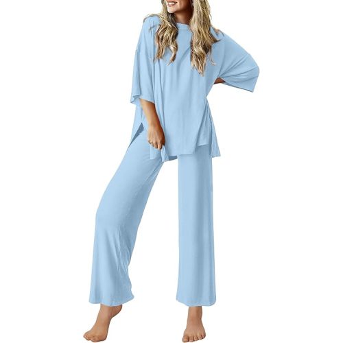 Ekouaer Lounge Sets for Women Short Sleeve Tops and Long Pants Soft Comfy Pajamas Set 2 Piece Outfits S-XXL