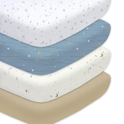 Little Grape Land Crib Sheets Baby Toddler Sheets 4 Pack Fitted for Boys Girls, Standard Size 28x52‘’ Crib Mattress, Super Soft Breathable Washable Microfiber Starry Galaxy