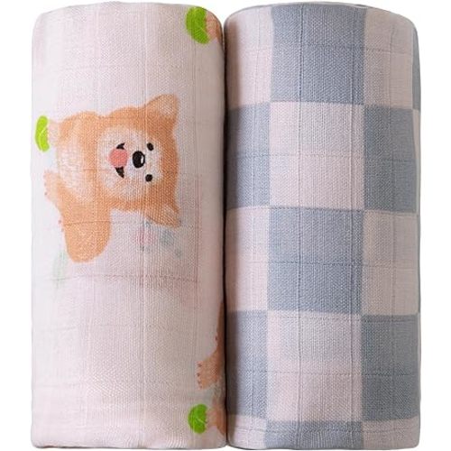 Viviland Muslin Swaddle Blankets, Baby Swaddle Wrap for Baby Boys and Girls, Breathable and Skin-Friendly Baby Receiving Blankets, Baby Essentials, Registry & Gift, 2-Pack Corgi, 47 x 47 inches