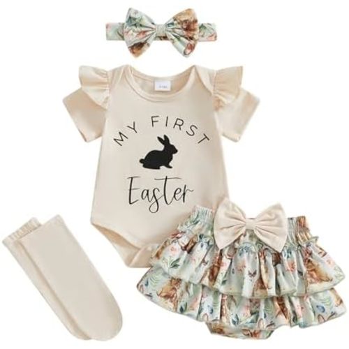 Kuriozud My First Easter Outfit Baby Girl Bunny Romper Onesie Bodysuit +Ruffle Tutu Shorts Bloomer 1st Easter Clothes