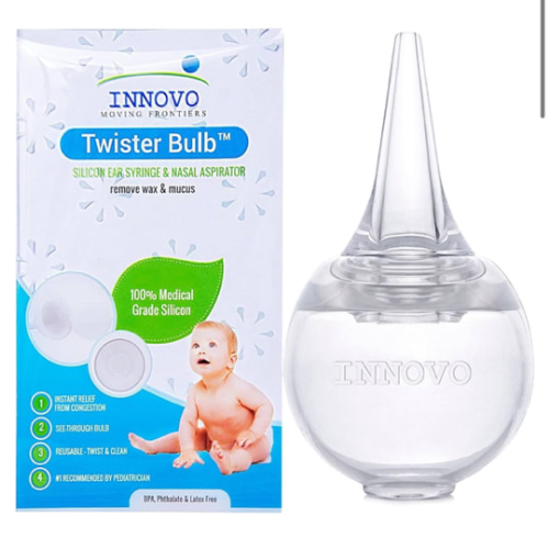 Innovo FSA/HSA Eligible Hospital Grade Silicone Twister Bulb Baby Ear Syringe and Nasal Aspirator, Sucks Snot and Mucus, Cleanable and Reusable, Clear