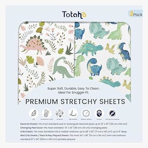 TotAha Pack and Play Sheets Fitted, Buttery Soft Dinosaur Mini Crib Sheets Boy, Stretchy Graco Pack n Play Mattress Sheet, 2-Pack Universal Fit Playard Mattress Cover, All-Season Jersey-Knit