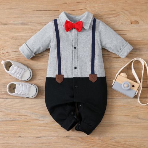 PATPAT Baby Newborn Infant Boys Gender Neutral Long Sleeve Button Grey Bow Tie Romper Jumpsuit Outfits Clothes
