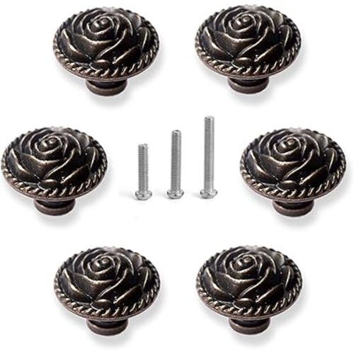 Vintage Rose Cabinet Knobs, Antique Bronze Cupboard Dresser Door Pull Round Zinc Alloy Knob Flower Drawer Handles with 3 Sized Screws for Furniture Kitchen Cupboard Closet Wardrobe (6 Pack)