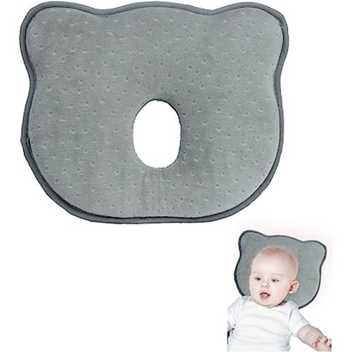 Memory Foam Baby Pillow, Portable Cartoon Bear Soft and Cozy Pillow, Breathable Bedding Set for Infants for Small Boys and Girls Prevent Flat Head (Grey)