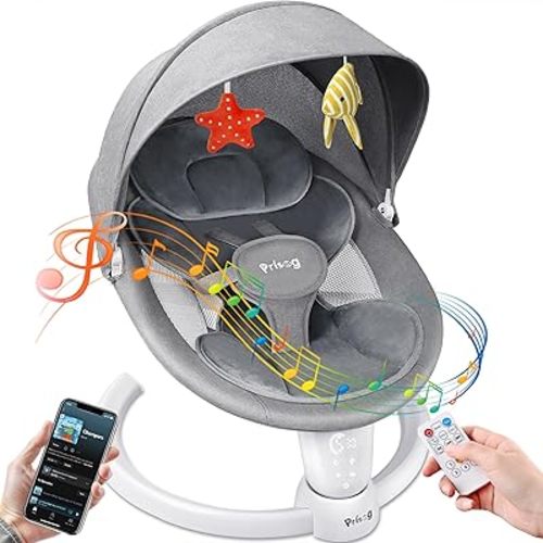 Baby Swing for Infants, Prisag Baby Rocker with 5 Point Harness Portable Swing for Baby Boy Girl, 5 Sway Speeds with Remote Control,10 Music and Bluetooth, Indoor & Outdoor Use