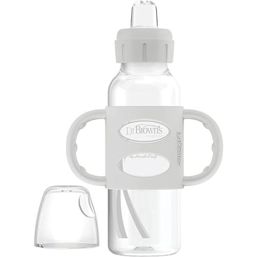 Dr. Brown's Milestones Narrow Sippy Spout Bottle with 100% Silicone Handles, Easy-Grip Handles with Soft Sippy Spout, 8oz/250mL, Gray, 1-Pack, 6m+