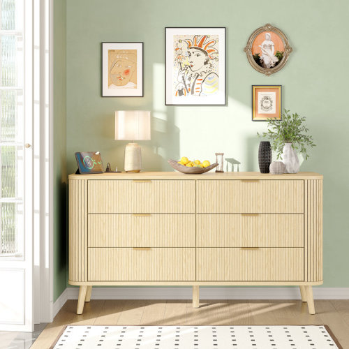 George Oliver 6 Drawer Dresser for Bedroom, Mid Century Modern Dressers, 57" Wide Wood Dresser TV Stand, Curved Profile Design for Closet, Bedroom Living Room, Hallway, Entryway, Home Office & Reviews | Wayfair