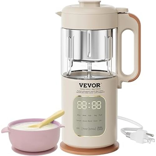 VEVOR Baby Food Maker, 500W Baby Food Processor with 300 ml Glass Bowl, SUS304 Stainless Steel 4-Blade Baby Food Puree Blender Steamer Grinder for Food, Fruit, Vegatable, Meat. Beige