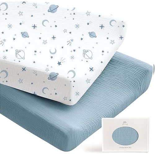 Konssy 2 Pack Muslin Changing Pad Covers for Boys, Ultra Soft & Breathable Cotton Baby Diaper Changing Table Covers, Neutral Nursery Diaper Changing Pad Sheets (Star,Blue)