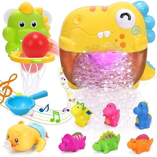 O WOWZON Baby Bath Toys, Dinosaur Automatic Bath Bubble Maker w/ 6 Soft Lights, Music, 2-in-1 Basketball Hoop& Fishing Game w/ Bathtub Floating Toys, Wind-up Duck Shower Pool Toy for Kids Boys Girls