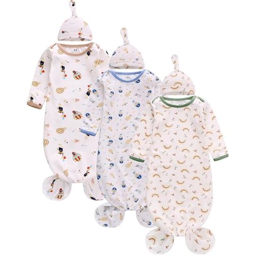 Newborn Knotted Nightgown Long Sleeve with Matching Hat Set 3 Pack, Baby Sleeper Gowns Unisex Home Outfits Set with Mitten Cuffs for Boys Girls 0-3 Months