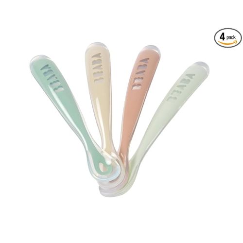 BEABA Baby's First Foods Spoon Set, Original Silicone Baby Spoons, Pack of 4 Baby Gift Set, BPA Lead & Phthalate Free, (Sage)