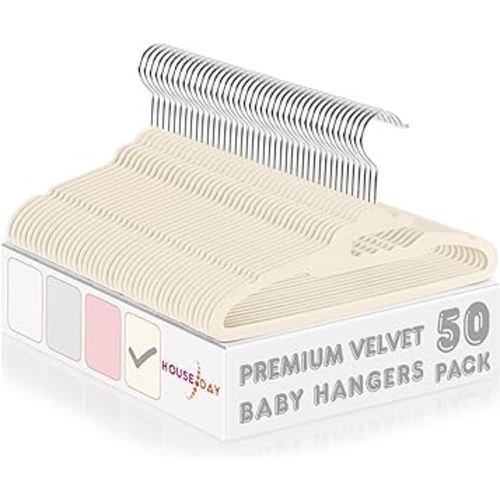 HOUSE DAY Premium Kids Velvet Hangers 11.4 Inch 50 Pack, Non Slip Velvet Baby Clothes Hangers for Closet, Slim Children's Hanger Space Saving on Toddler Organization, Ivory