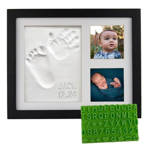 Baby Hand & Footprint Frame Keepsake Kit | Capture Milestone Moments with Safe Clay, Stencil Set & Wood Frame | Perfect Newborn Gift for Baby Showers | White