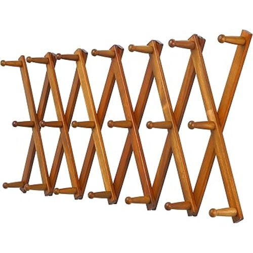 Dseap Accordian Wall Hanger: 16” High Wooden Wall Expandable Coat Rack, Hat Rack Holder, Accordion Hook for Baseball Caps, Coats, Mugs, 20 Peg Hooks, Brown