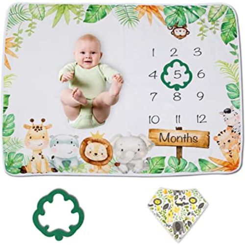 Baby Monthly Milestone Blanket Boy or Girl | Safari Jungle Animals Months Blanket | Gender Neutral Photo Blanket for Newborn Baby | Super Soft Premium Fleece | Bib+Marker 40"x50"