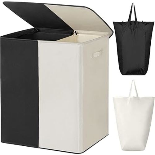 WOWLIVE Double Laundry Baseket with Lid and Removable Laundry Bags,154L Large Laundry Hamper 2 Section Collapsible Dirty Clothes Hamper for Laundry Room,College Dorm,Bathroom,Black and Beige
