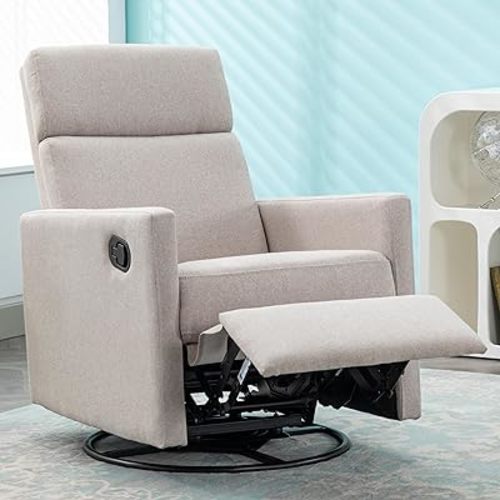 Merax Modern Soft Linen Swivel Push Back Rocker Recliner w/Headsupport Adjustable Nursery Glider Chair for Living Room, Bedroom Tan