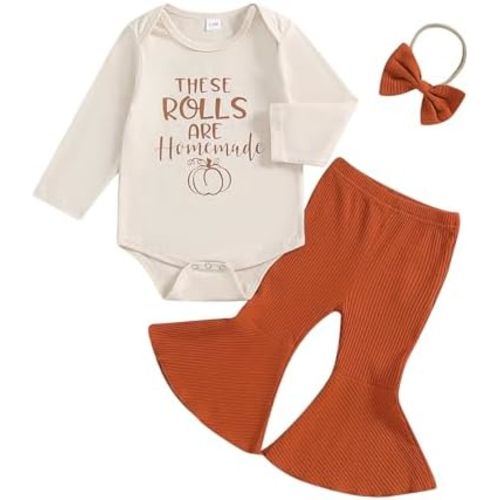 Kuriozud Newborn Baby Girl Bell Bottom Outfit Ruffle Romper Cute Bow Flare Pants Set Headband Cute Clothes