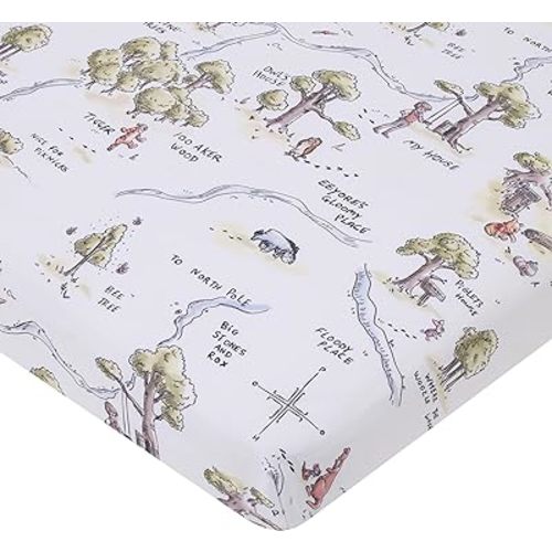 Disney Classic Winnie The Pooh Sage, Tan, and White, Map of 100 Acre Woods Super Soft Nursery Fitted Mini Crib Sheet